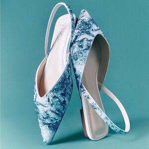 Betsey Johnson Vance Floral Blue White Slingback Rhinestone Ballet Flats Size 10